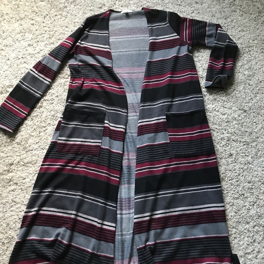 LulaRoe long open sweater. Black, gray, red stripe.